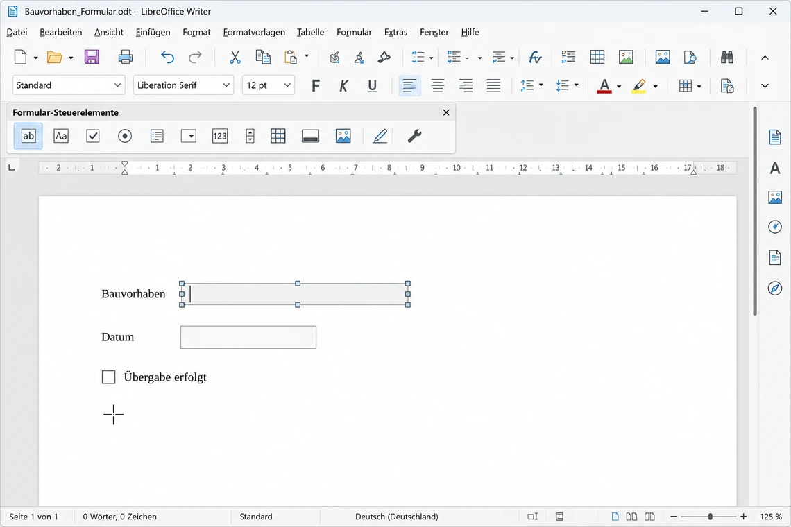 Textfeld als Steuerelement im LibreOffice-Writer-Dokument aufziehen