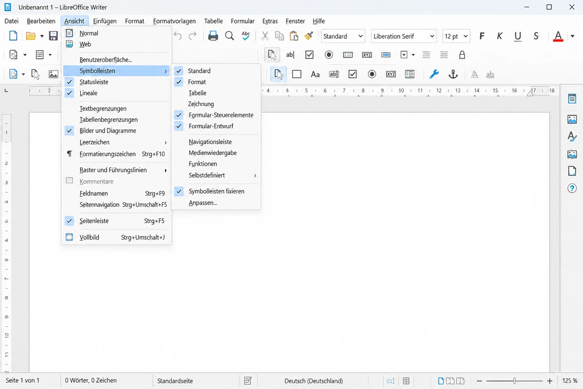 Symbolleisten „Formular-Steuerelemente“ und „Formular-Entwurf“ in LibreOffice Writer über Ansicht → Symbolleisten einblenden