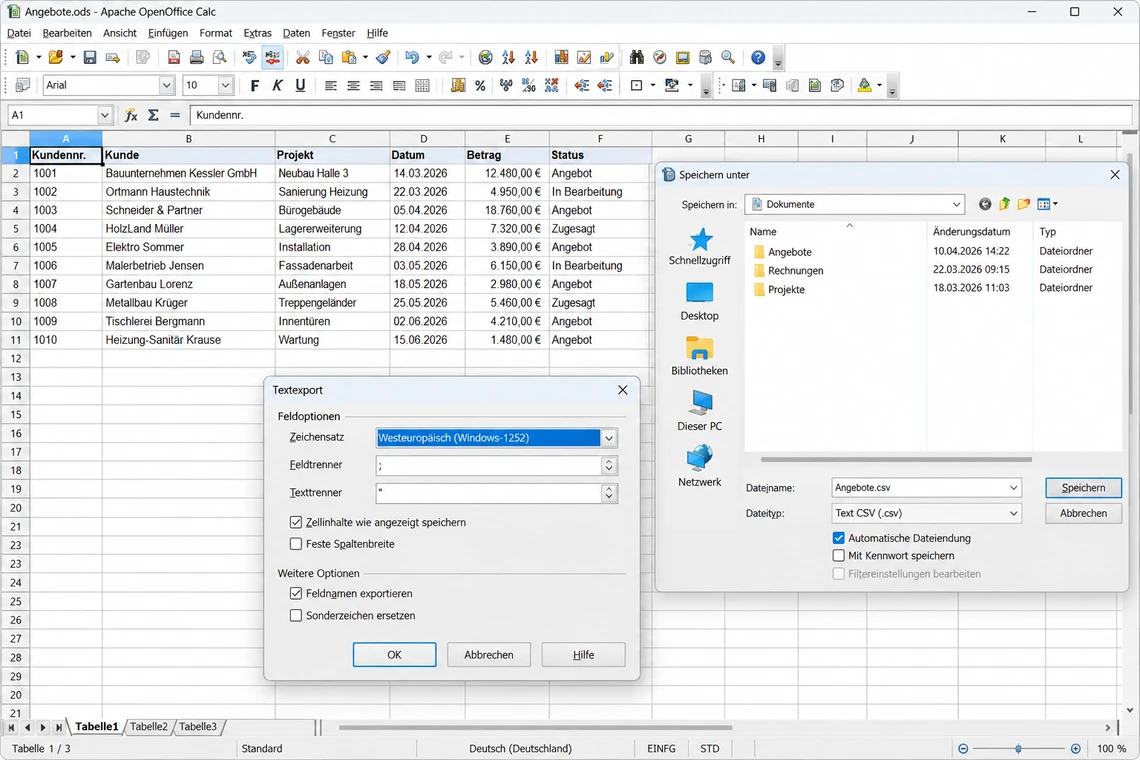 CSV-Export eines Calc-Formulars mit dem Dialog Textexport