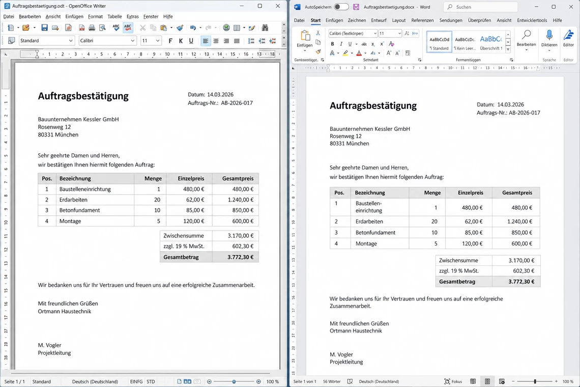 Dasselbe Formular in Word geöffnet, mit verschobenem Layout