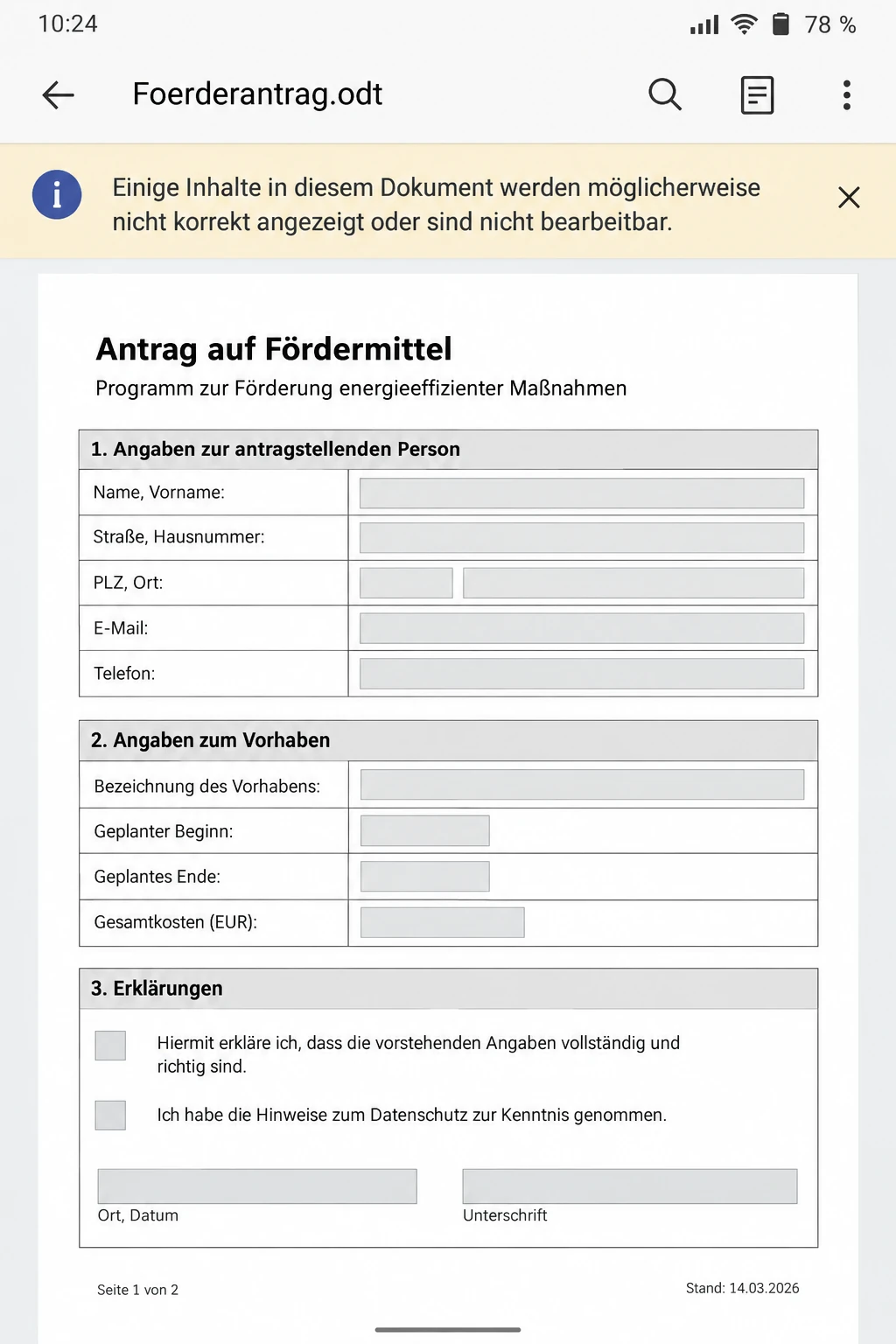 OpenOffice-Formular auf einem Smartphone aus dem E-Mail-Anhang geöffnet