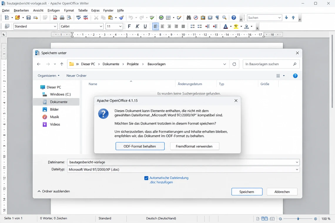 Warnhinweis beim Speichern eines OpenOffice-Formulars im Word-Format