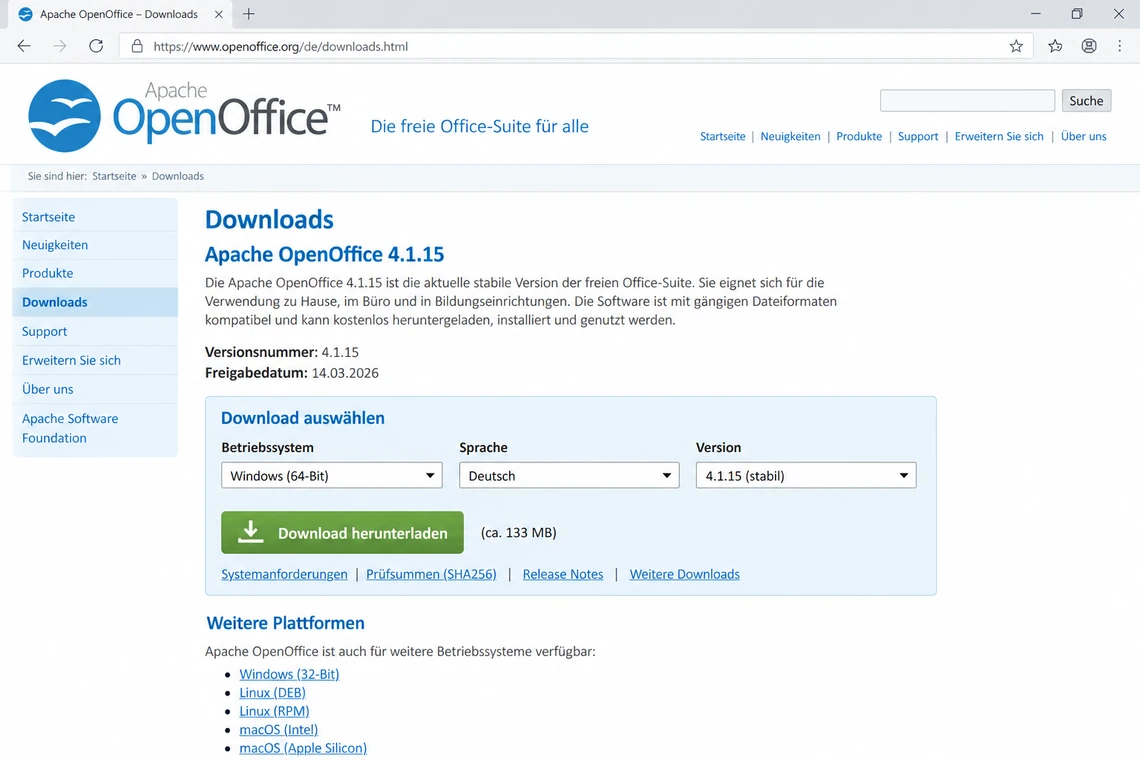 Downloadseite von Apache OpenOffice mit Versionsnummer und Freigabedatum