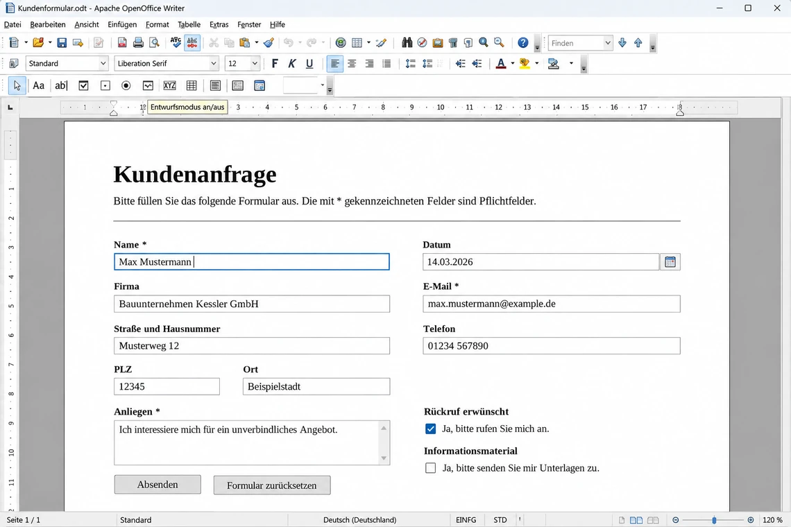 Entwurfsmodus in OpenOffice Writer ausschalten und das Formular testen