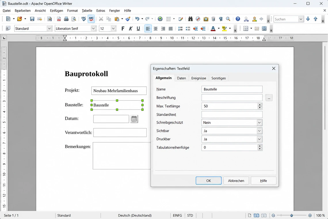 Kontrollfeld-Eigenschaften eines Textfelds in OpenOffice Writer öffnen