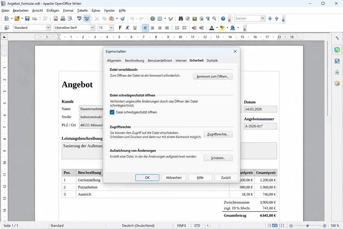 Registerkarte Sicherheit in den Dokumenteigenschaften von OpenOffice Writer
