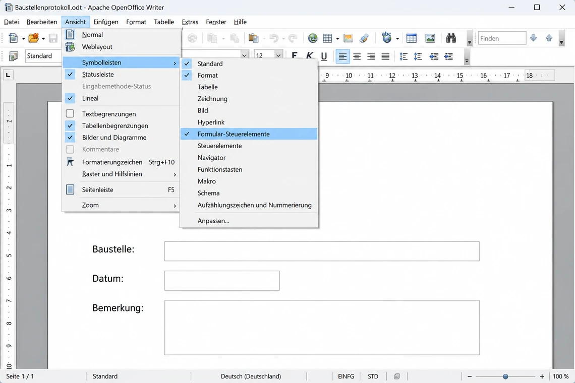 Symbolleiste Formular-Steuerelemente in OpenOffice Writer einblenden