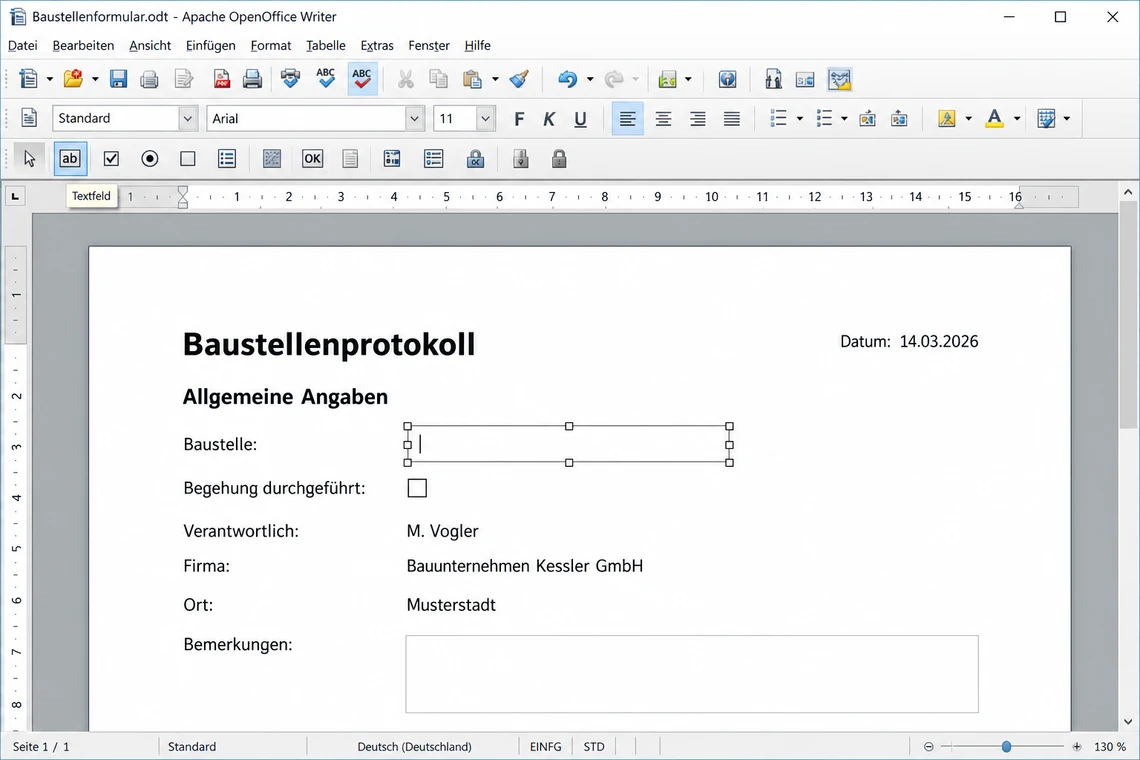 Textfeld als Formular-Steuerelement in OpenOffice Writer einfügen
