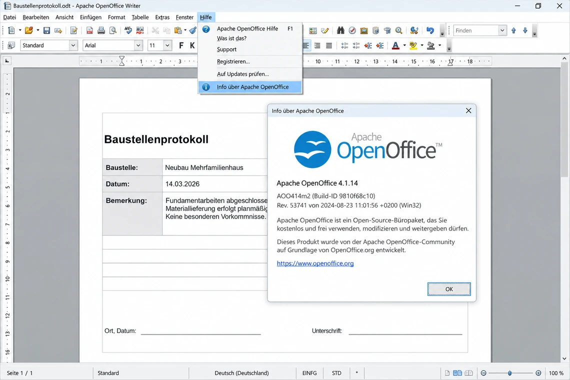 Info-Dialog von Apache OpenOffice mit der installierten Versionsnummer