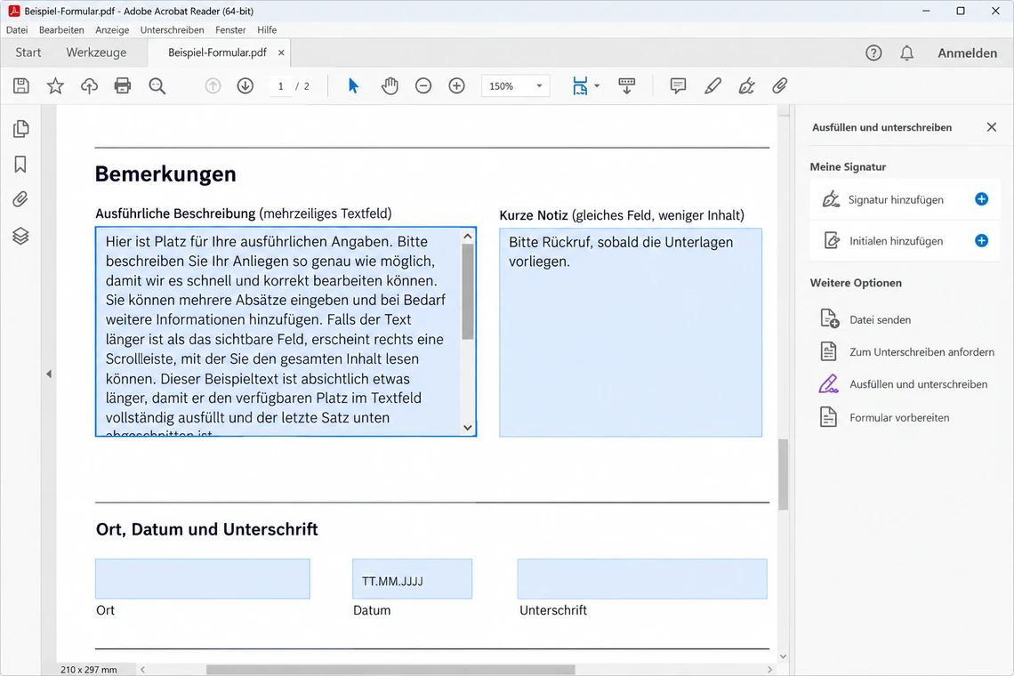 Mehrzeiliges PDF-Textfeld, dessen Inhalt am Feldrand abgeschnitten wird