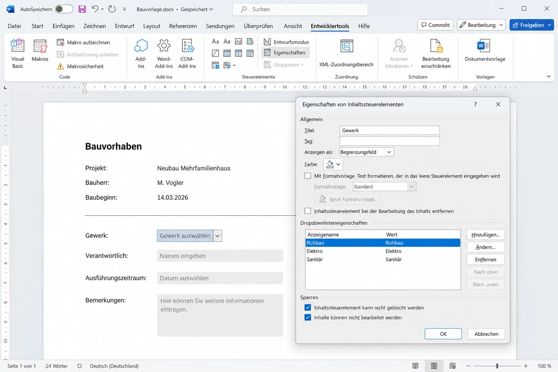Eigenschaften-Dialog eines Dropdownlisten-Inhaltssteuerelements in Word