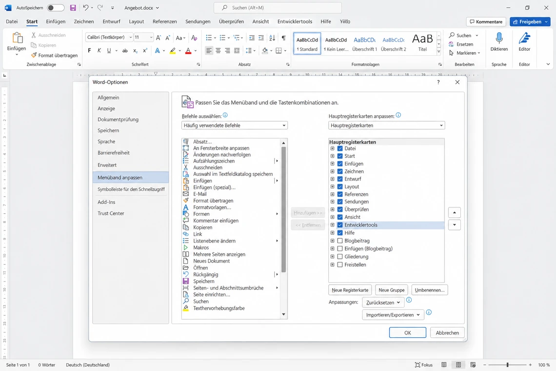 Registerkarte Entwicklertools über die Word-Optionen einblenden