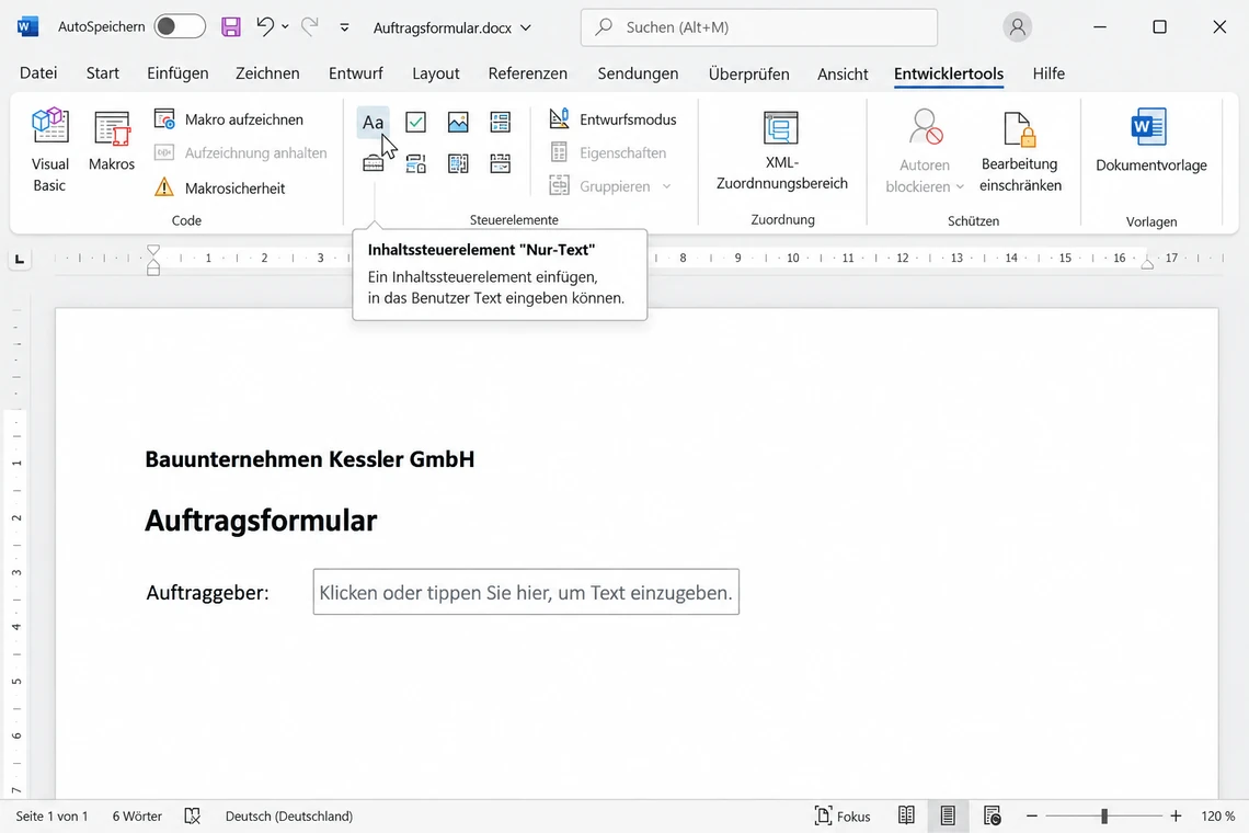 Nur-Text-Inhaltssteuerelement über die Gruppe Steuerelemente einfügen