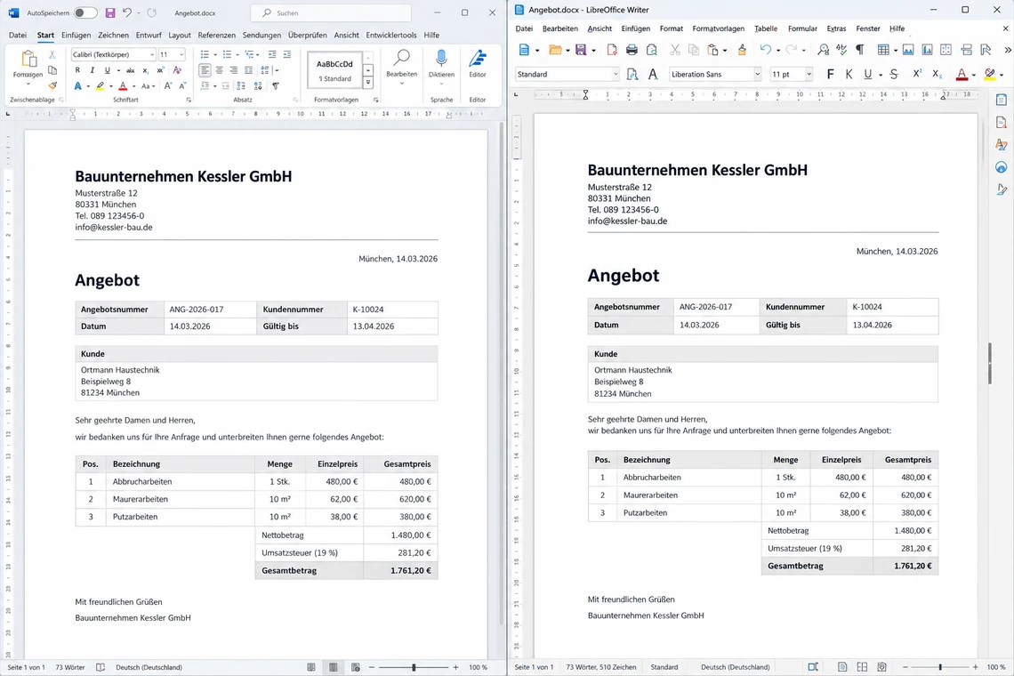 Dieselbe Word-Datei nebeneinander in Word und LibreOffice Writer mit verschobenem Layout