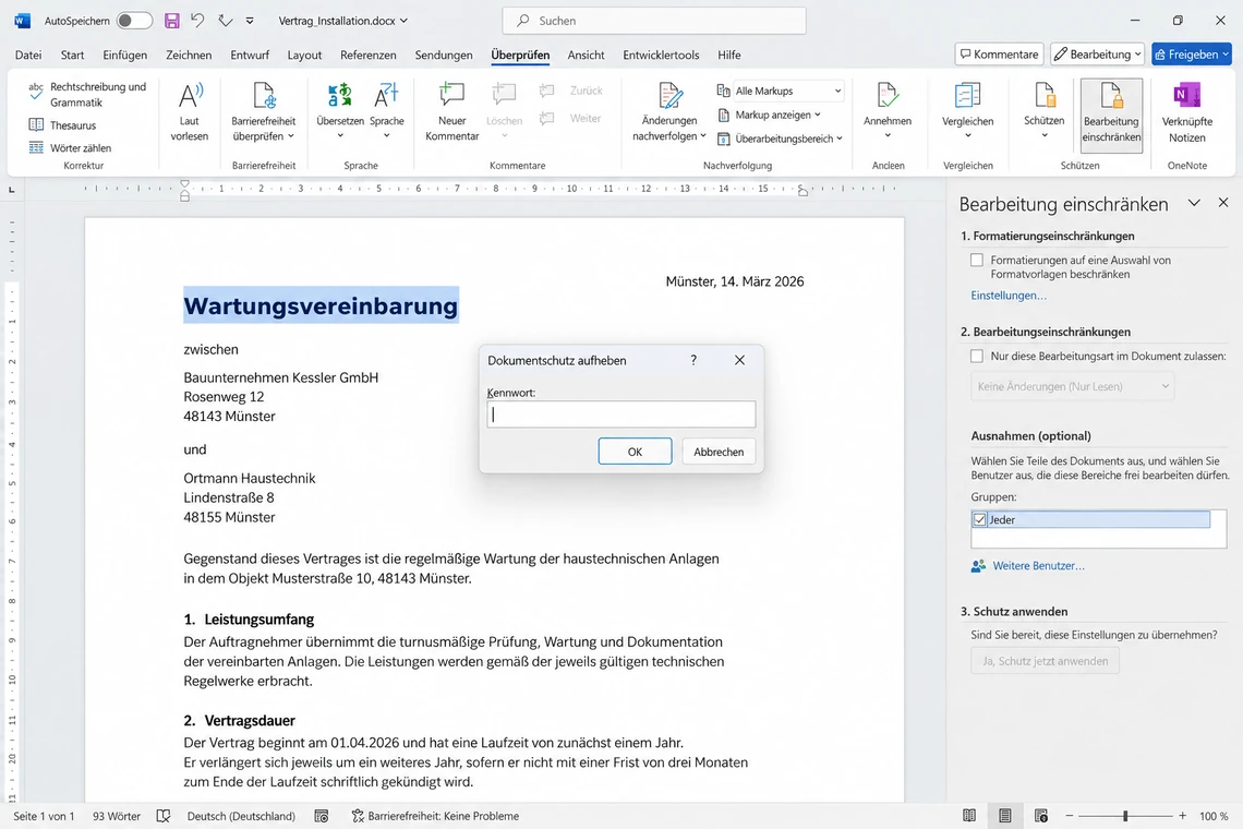 Schutz aufheben in Word und anschließend frei veränderbarer Formulartext