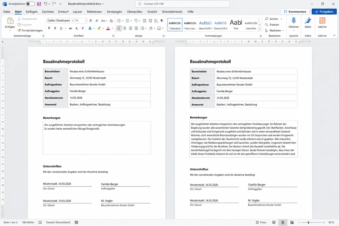 Word-Formular, dessen Unterschriftenblock durch einen langen Bemerkungstext nach unten rutscht