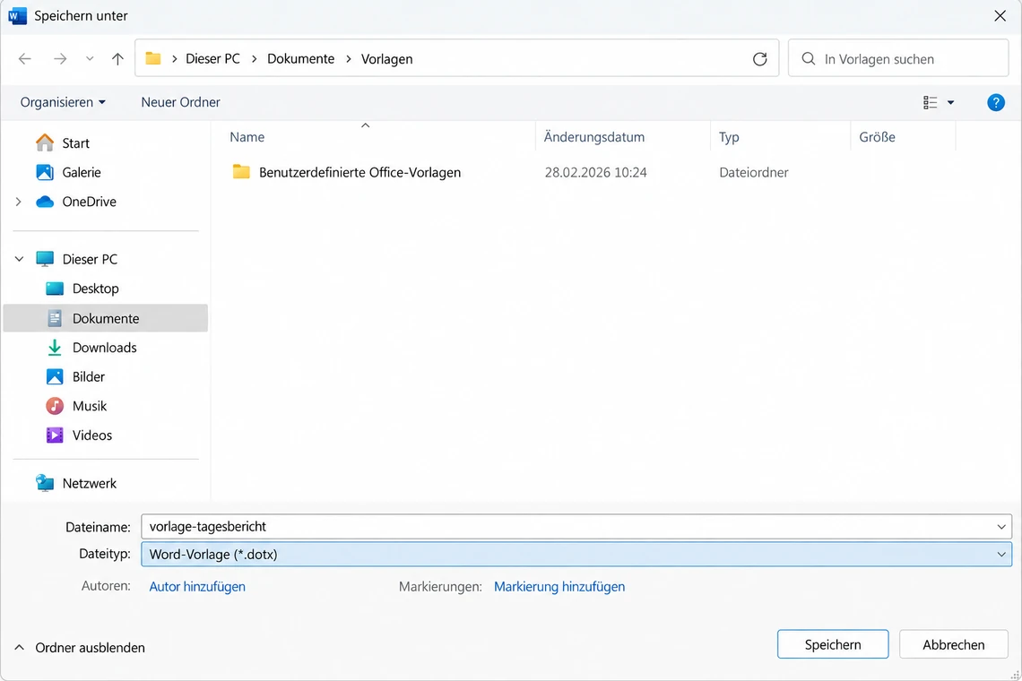 Dialog Speichern unter mit ausgewähltem Dateityp Word-Vorlage (*.dotx)