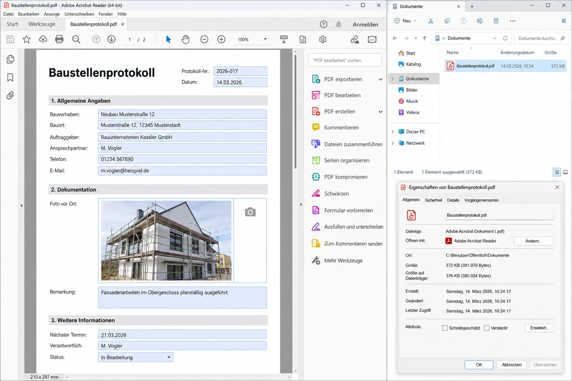 Ausgefülltes Formular mit proportional eingepasstem Foto und sichtbarer Dateigröße