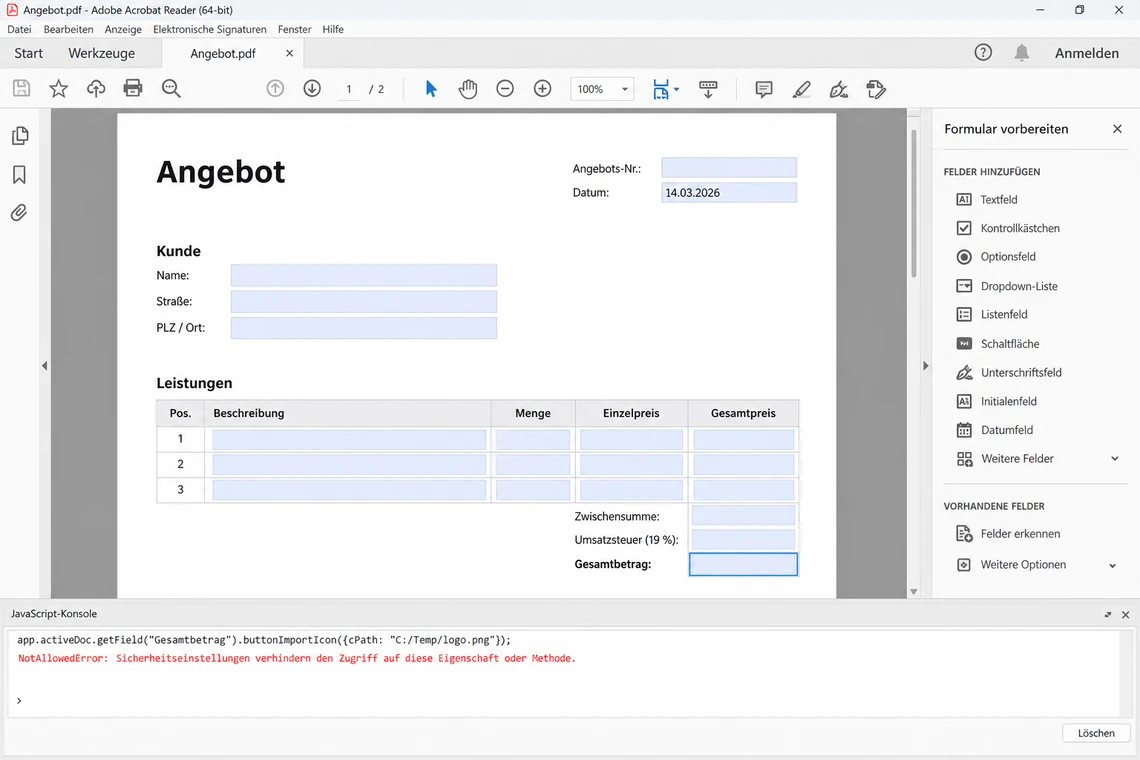 JavaScript-Konsole mit der Fehlermeldung, dass Sicherheitseinstellungen den Zugriff verhindern