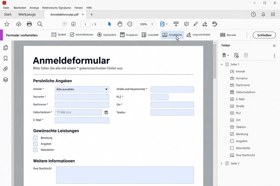 Werkzeug „Formular vorbereiten“ in Adobe Acrobat Pro mit der vollständigen Feldtyp-Leiste
