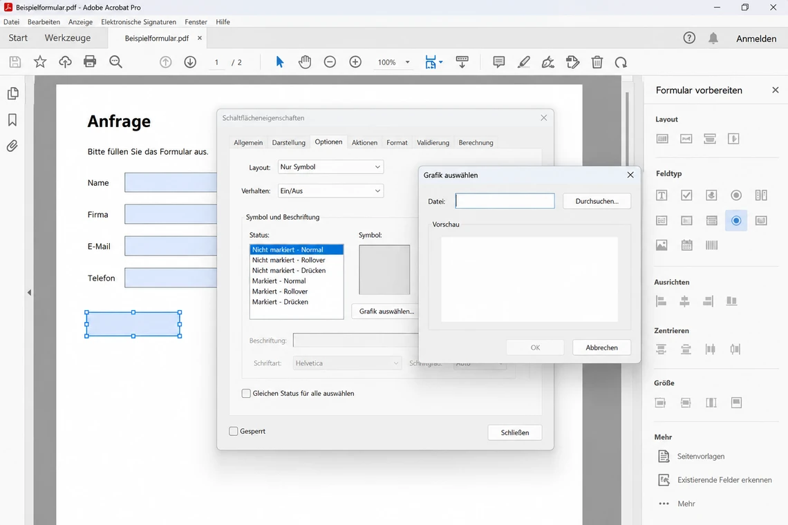 Registerkarte Optionen mit Layout „Nur Symbol“ und geöffnetem Dialog „Grafik auswählen“
