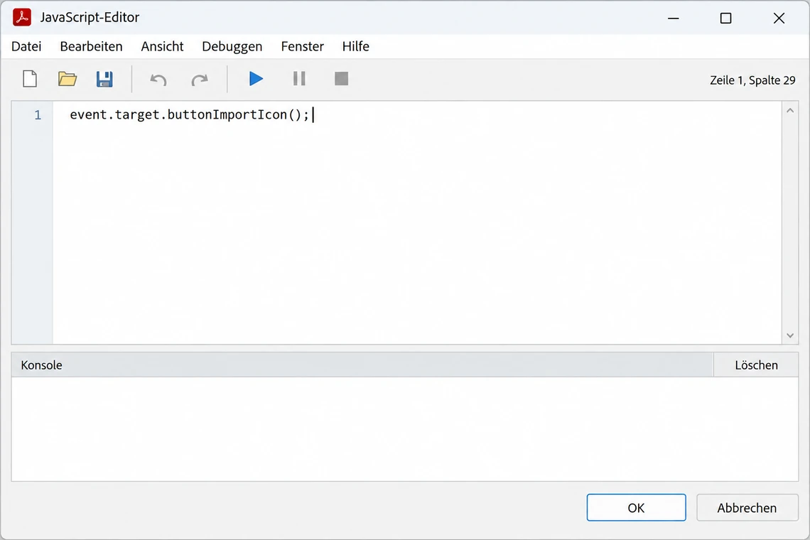 JavaScript-Editor in Acrobat mit dem Importbefehl für das Schaltflächensymbol