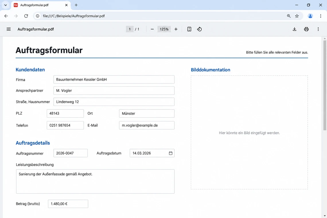 Dasselbe Formular im Browser-Viewer, bei dem der Klick auf die Bildfläche keinen Importdialog öffnet