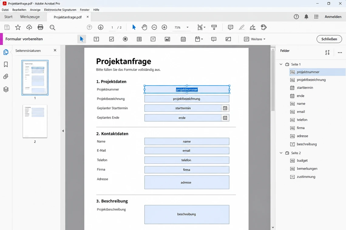 Den Formularmodus „Formular vorbereiten“ in Acrobat Pro öffnen