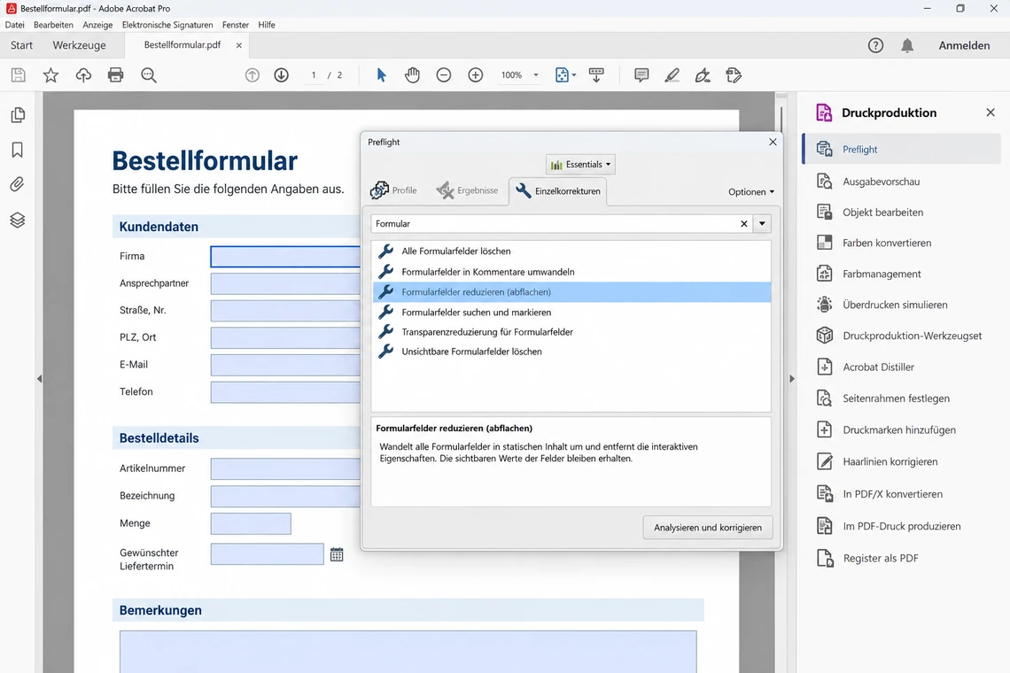 Formularfelder in Acrobat Pro über eine Preflight-Korrektur reduzieren