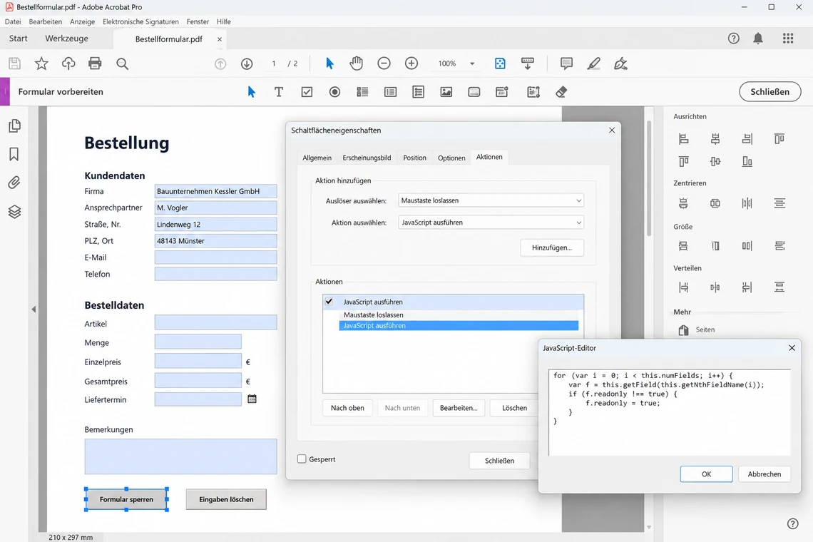 Sperr-Skript als Aktion einer Schaltfläche in Acrobat Pro hinterlegen