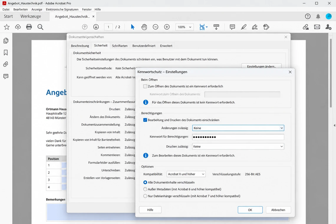 Berechtigungen im Kennwortschutz von Acrobat Pro setzen und Änderungen sperren