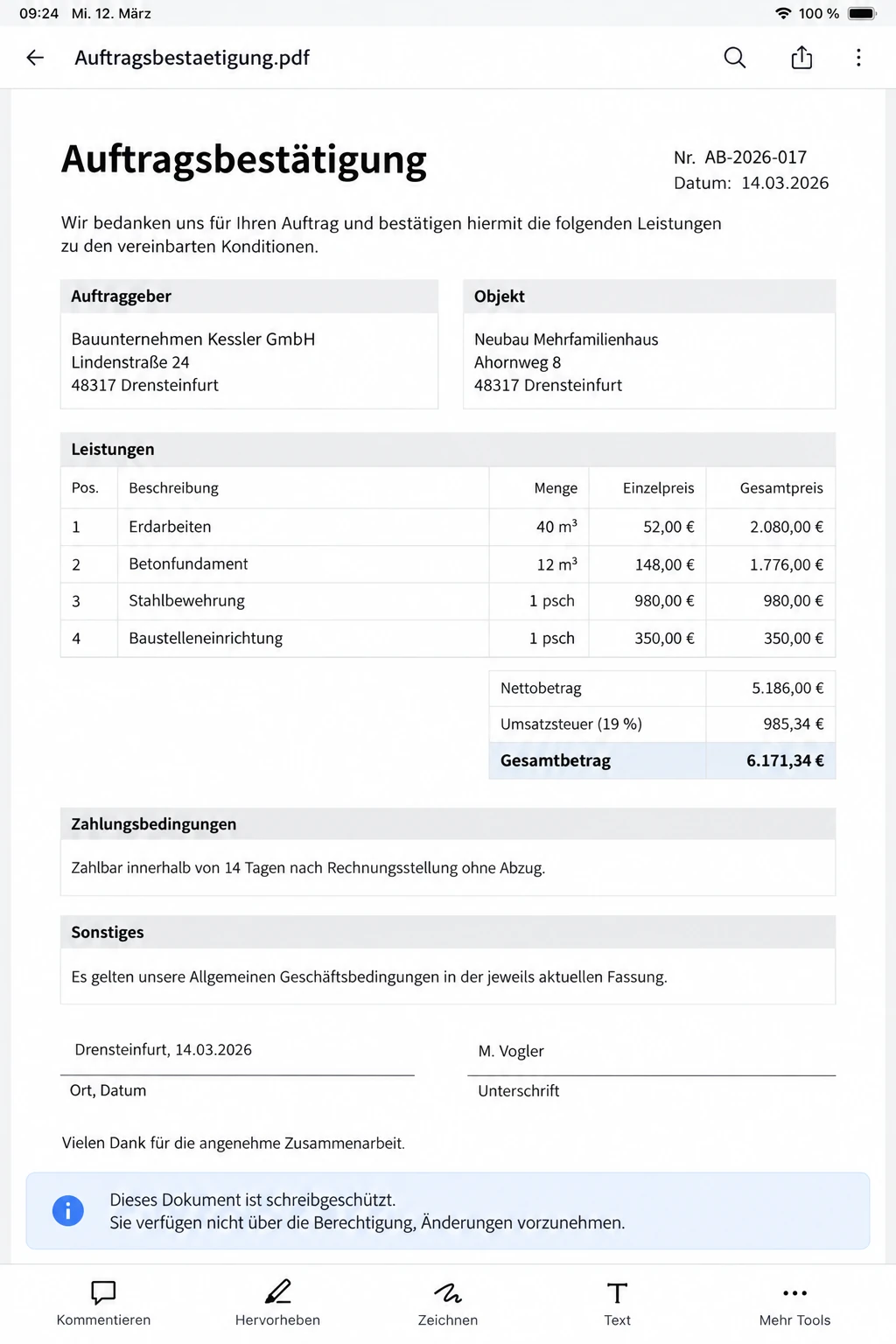 Verhalten der geschützten Datei in der PDF-App auf dem Tablet prüfen
