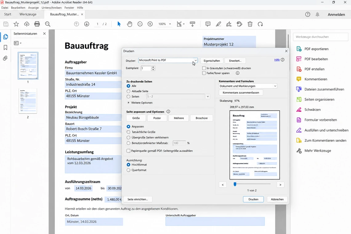 Schritt 1 – den Druckdialog über der ausgefüllten Formular-PDF öffnen