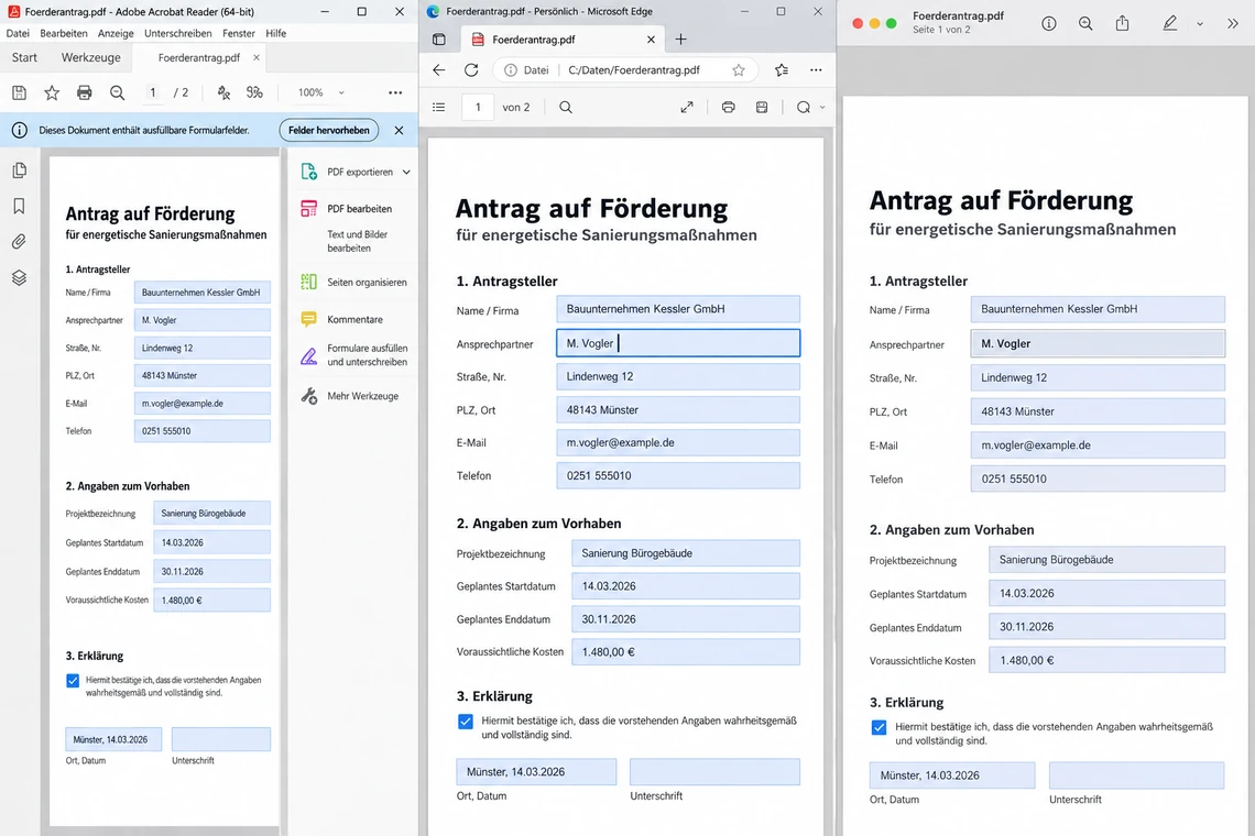 Dieselbe Formular-PDF in Acrobat Reader, Microsoft Edge und der macOS Vorschau