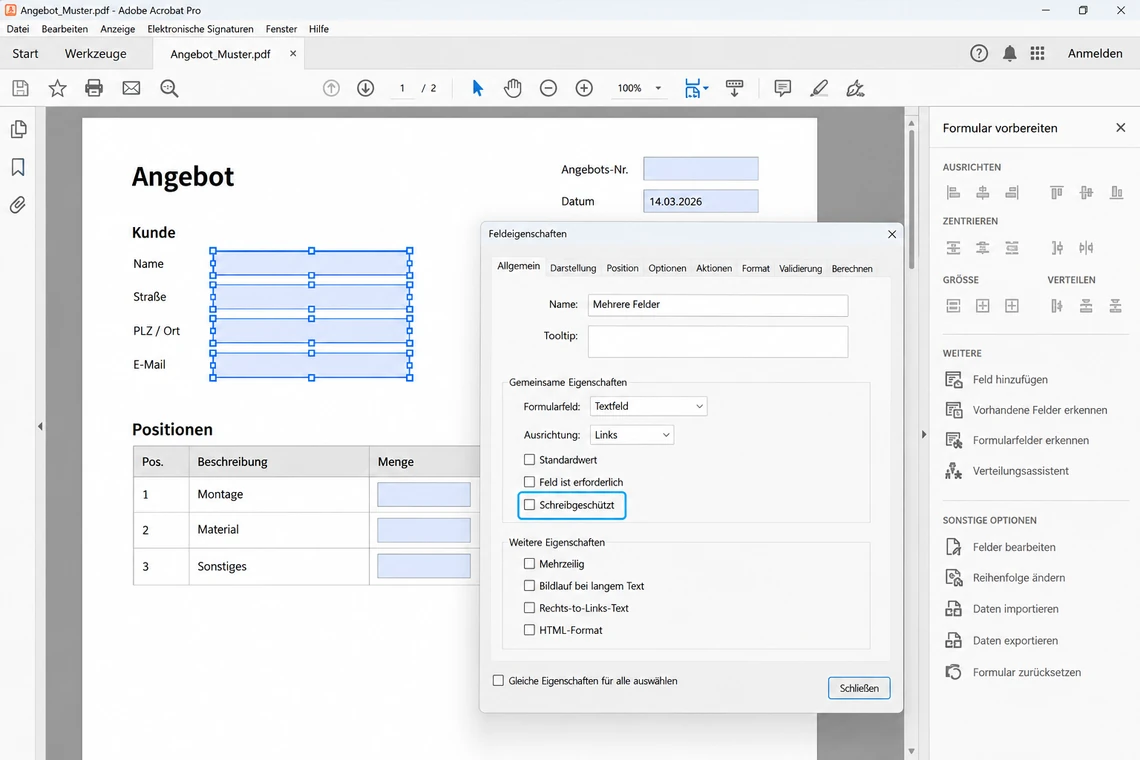 Schreibschutz mehrerer markierter Felder in Acrobat Pro wieder aufheben