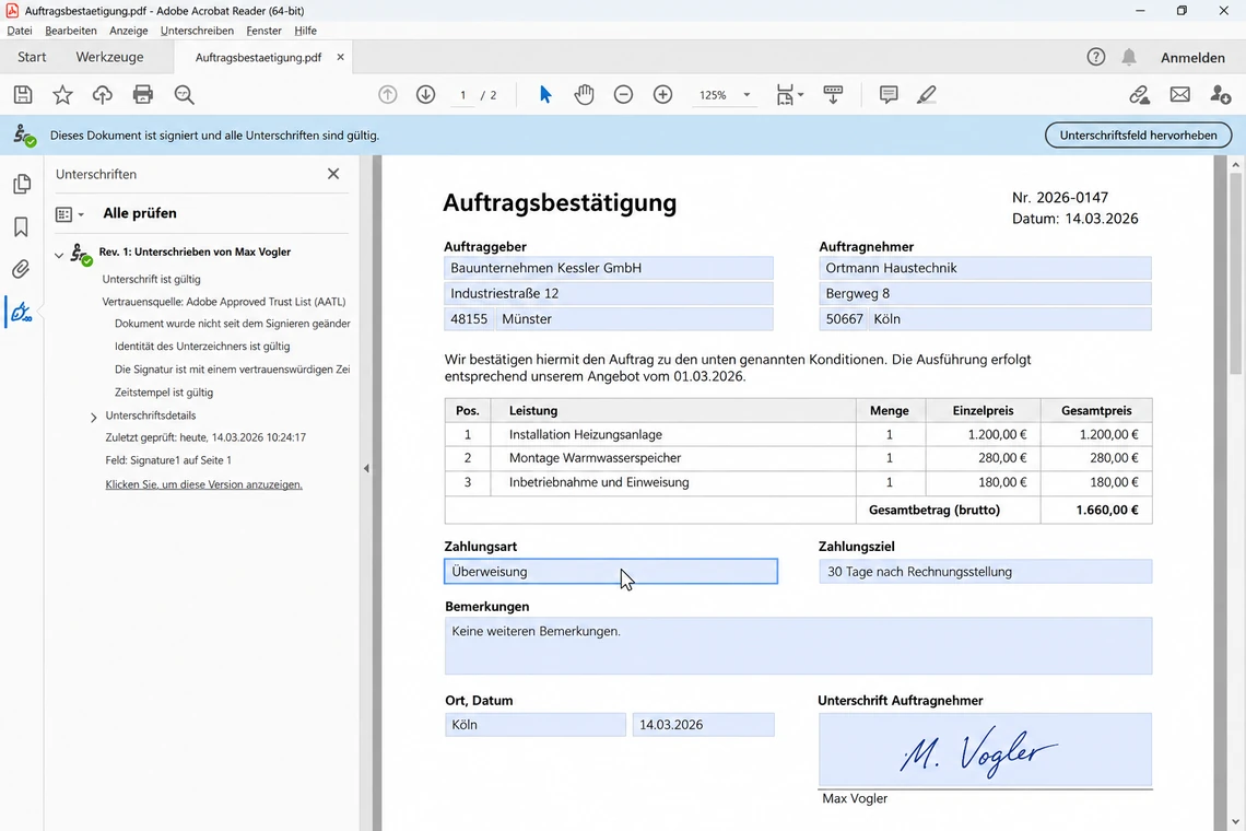Signiertes Formular, dessen Felder gesperrt wirken, technisch aber Felder bleiben