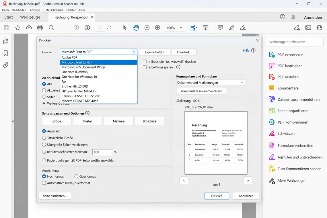 Schritt 2 – in der Druckerliste einen virtuellen PDF-Drucker auswählen