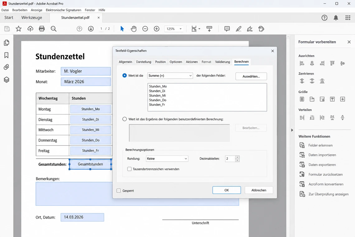 Summenfeld über die Registerkarte „Berechnen“ in Acrobat anlegen