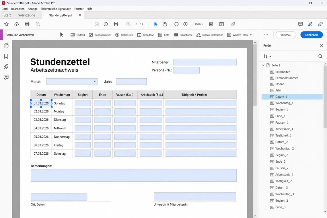 Automatisch erkannte Formularfelder in Acrobat prüfen und korrigieren