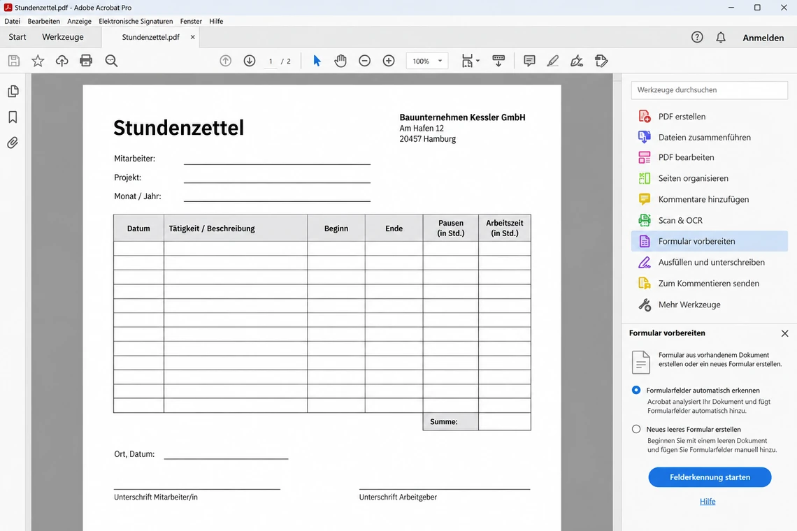 Das Werkzeug „Formular vorbereiten“ in Adobe Acrobat Pro öffnen