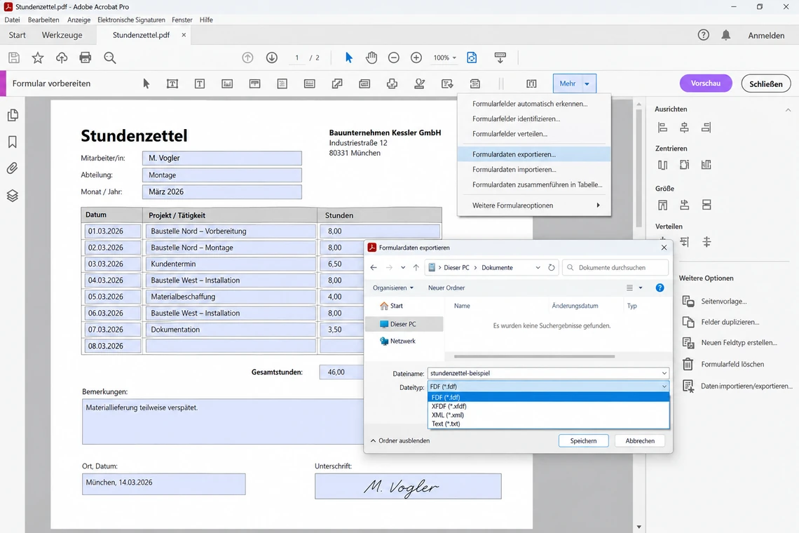 Formulardaten aus Acrobat als FDF, XFDF, XML oder Text exportieren