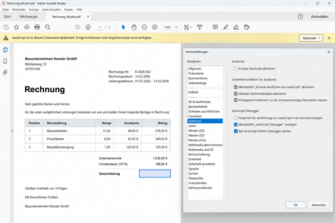 Warnhinweis und Voreinstellungen, wenn JavaScript im PDF nicht ausgeführt wird