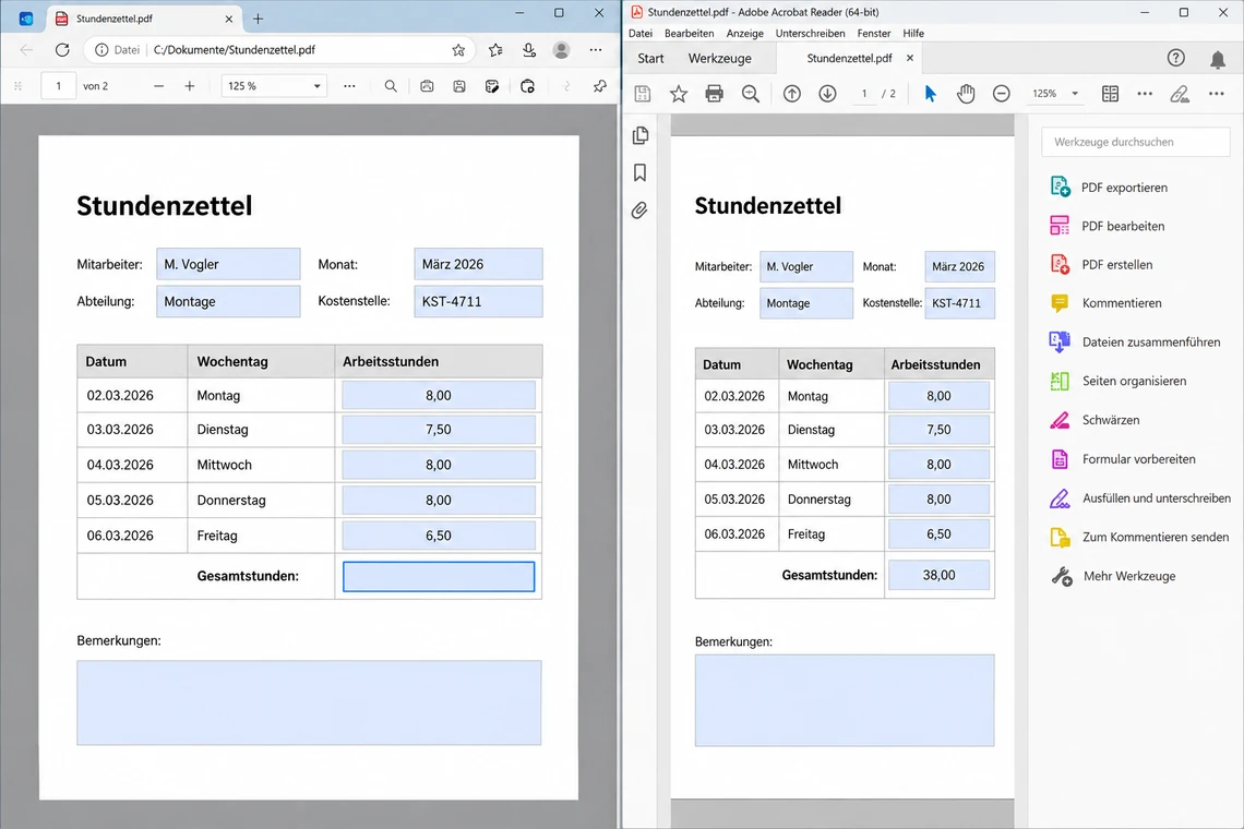 Dasselbe Formular nebeneinander im Browser-PDF-Viewer und in Acrobat Reader