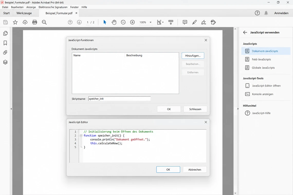Ein Dokumentskript über den Dialog JavaScript-Funktionen anlegen