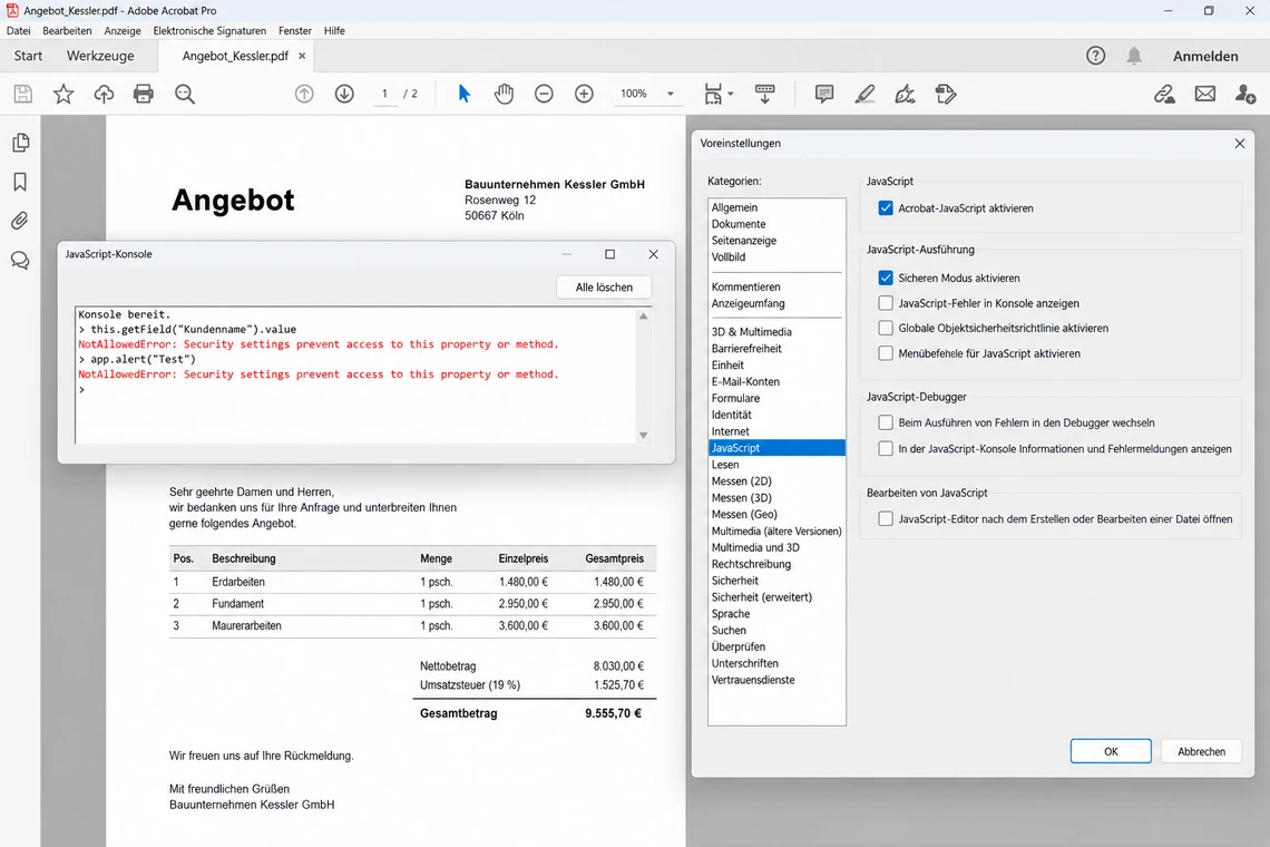 Sicherheitsmeldung der Konsole und die JavaScript-Voreinstellungen in Acrobat