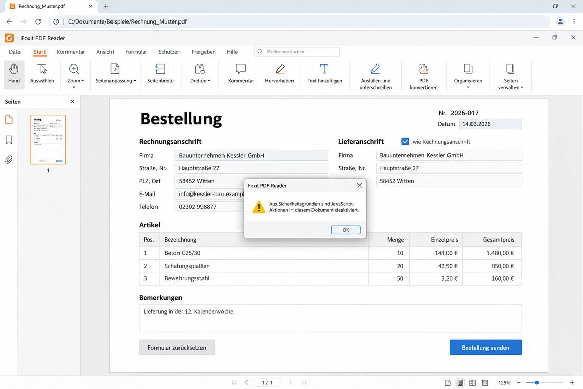 Dasselbe Formular in einem fremden PDF-Anzeigeprogramm