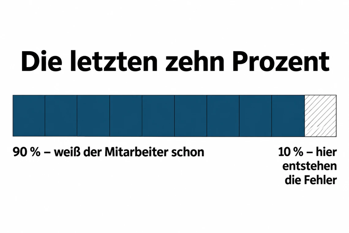 Balkengrafik: 90 Prozent weiß der Mitarbeiter schon, in den letzten 10 Prozent entstehen die Fehler