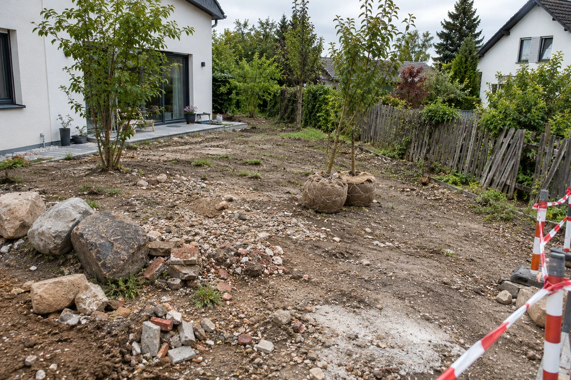 Hausgarten vor der Umgestaltung mit Steinen und Bauschutt, zwei Bäumen mit umwickeltem Wurzelballen und einem alten Holzzaun