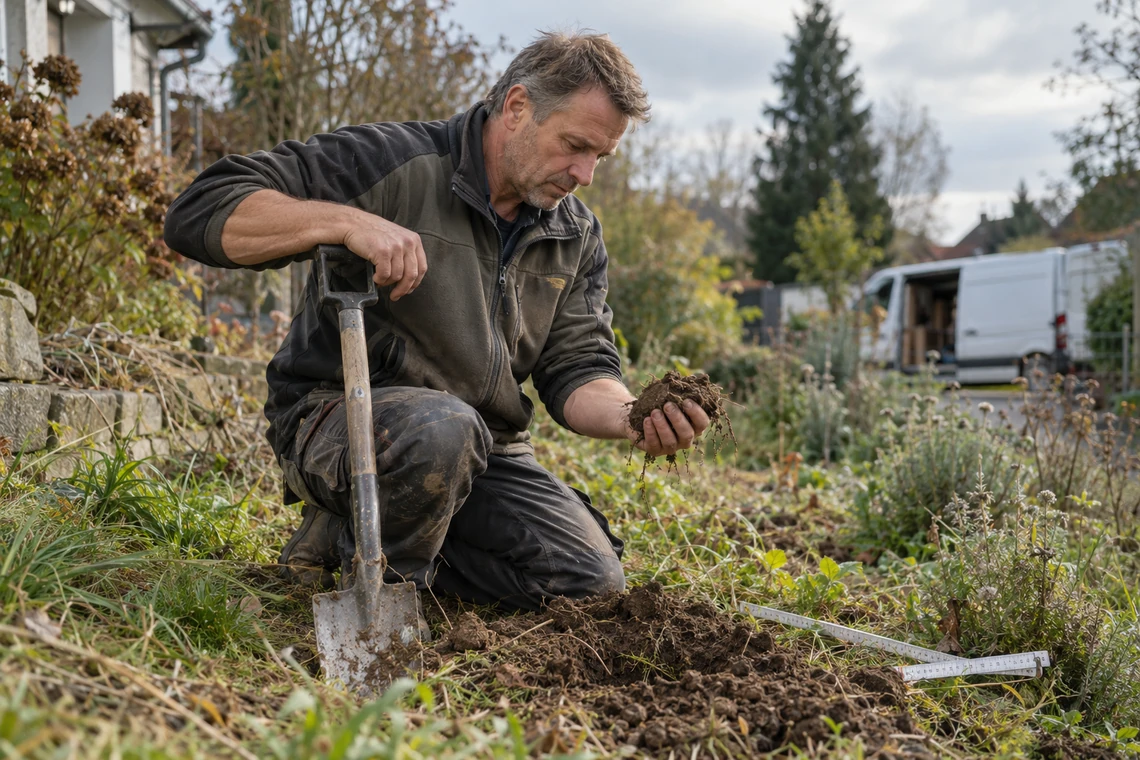 Inhaber eines Garten- und Landschaftsbaubetriebs kniet in einem Garten und prüft eine Bodenprobe in der Hand, daneben Spaten und Zollstock