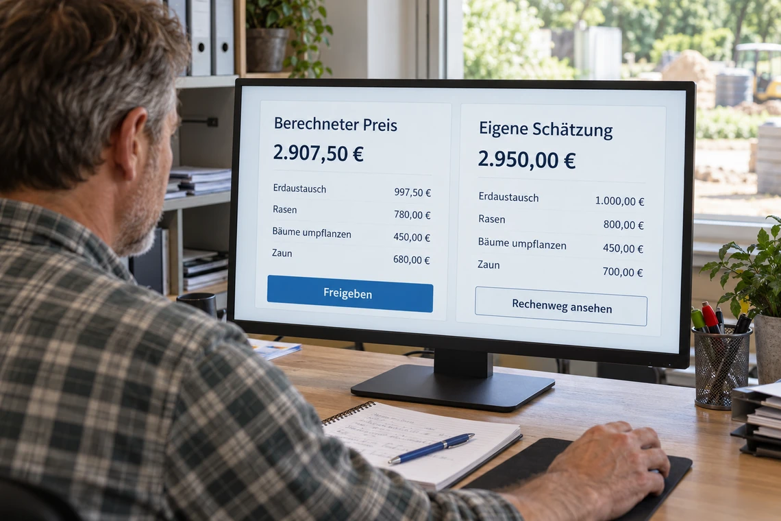 Inhaber vergleicht am Monitor den berechneten Preis mit seiner eigenen Schätzung, aufgeteilt nach Erdaustausch, Rasen, Bäumen und Zaun